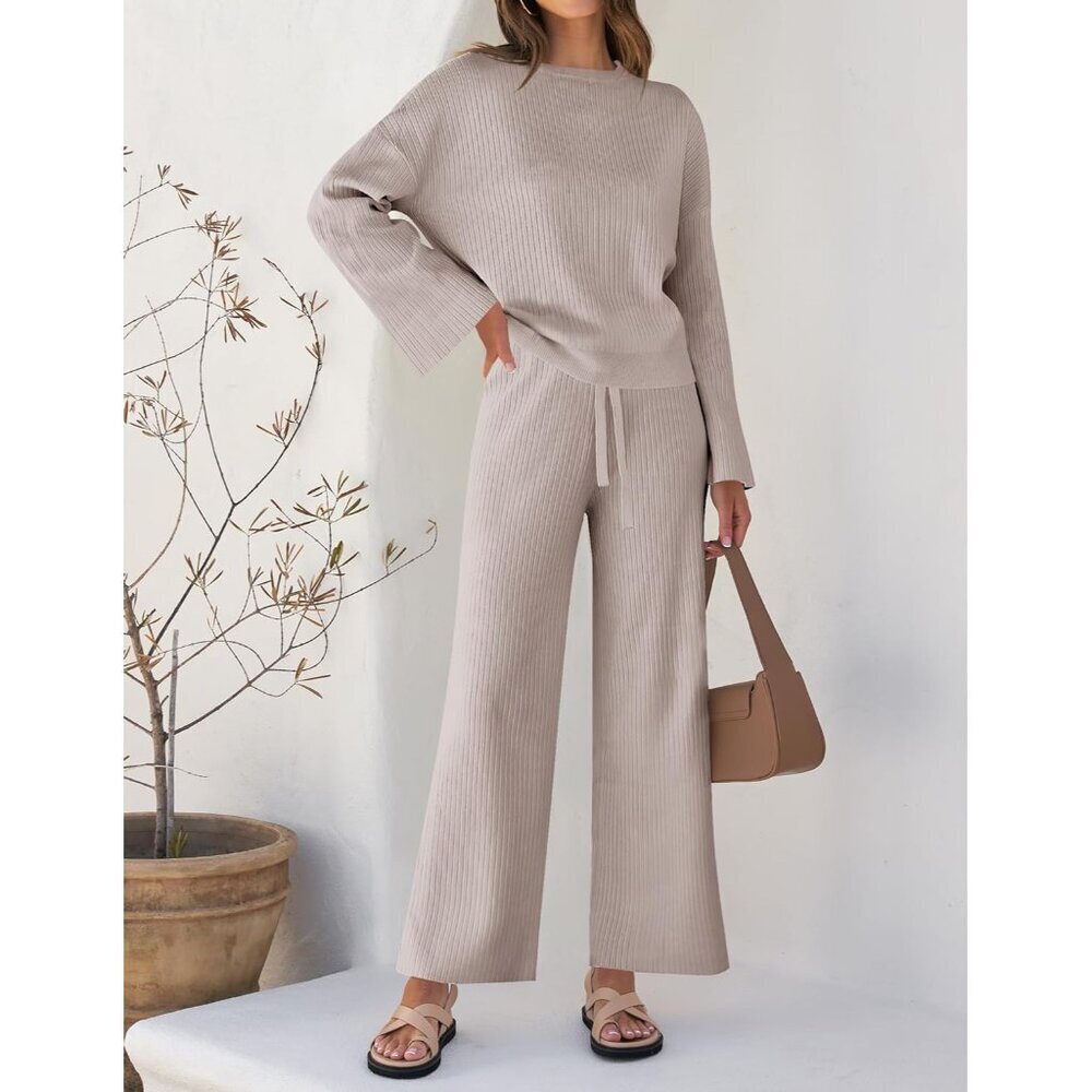 Women's Knit 2 Piece Set Long Sleeve Pullover Wide Leg Pants Lounge Casual - Picture 2 of 5